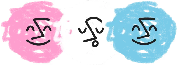 Three abstract smiling faces with closed eyes, drawn with simple black lines, placed inside colored circles: pink on the left, white in the center, and blue on the right.