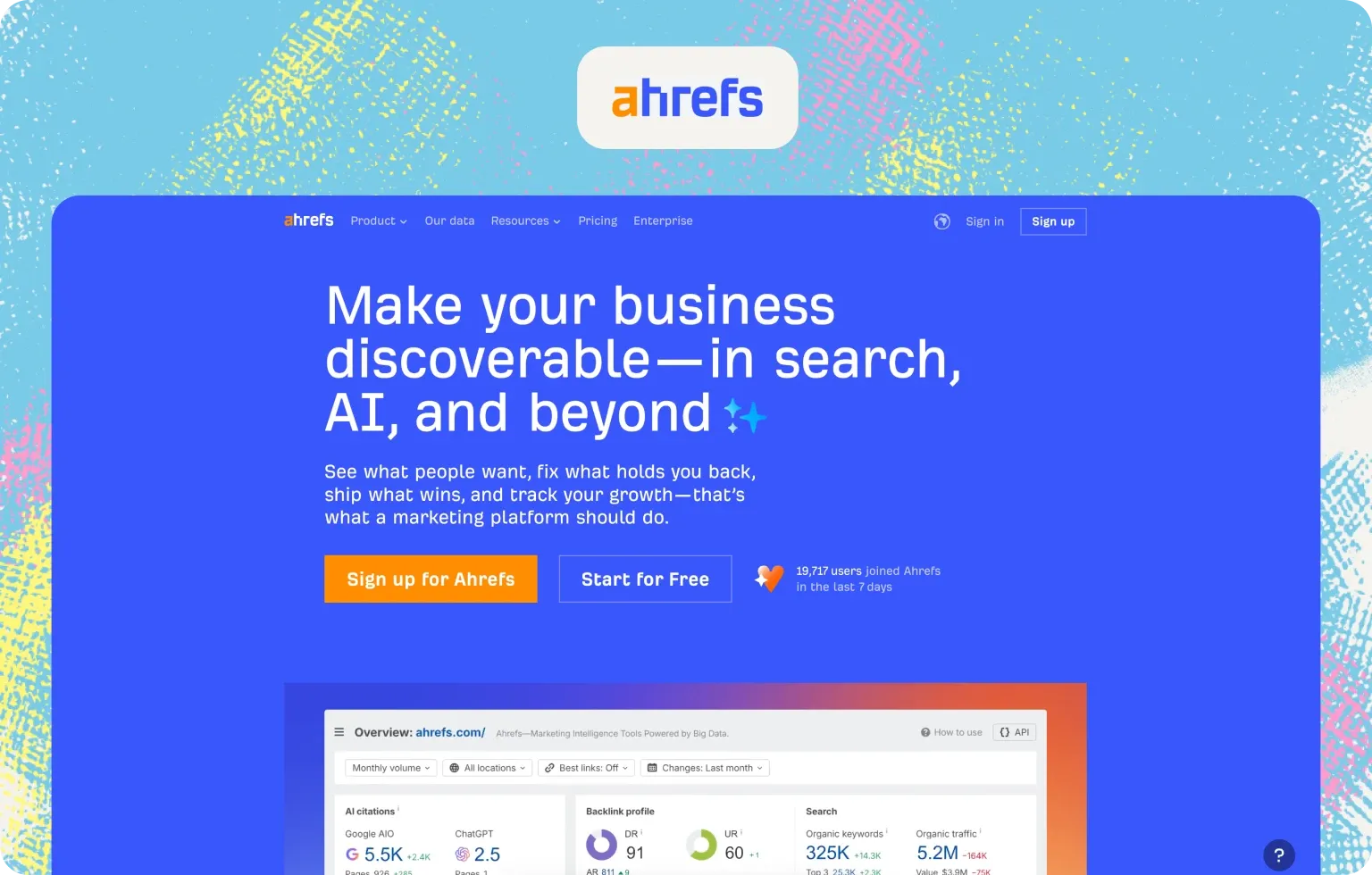 Ahrefs homepage, “Make your business discoverable—in search, AI, and beyond”, above an overview with AI citations and backlink metrics
