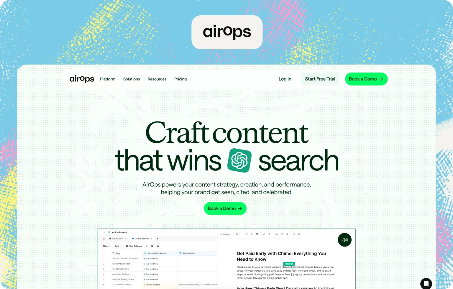 AirOps homepage, “Craft content that wins search”, above a grid of article refresh workflows next to a content editor