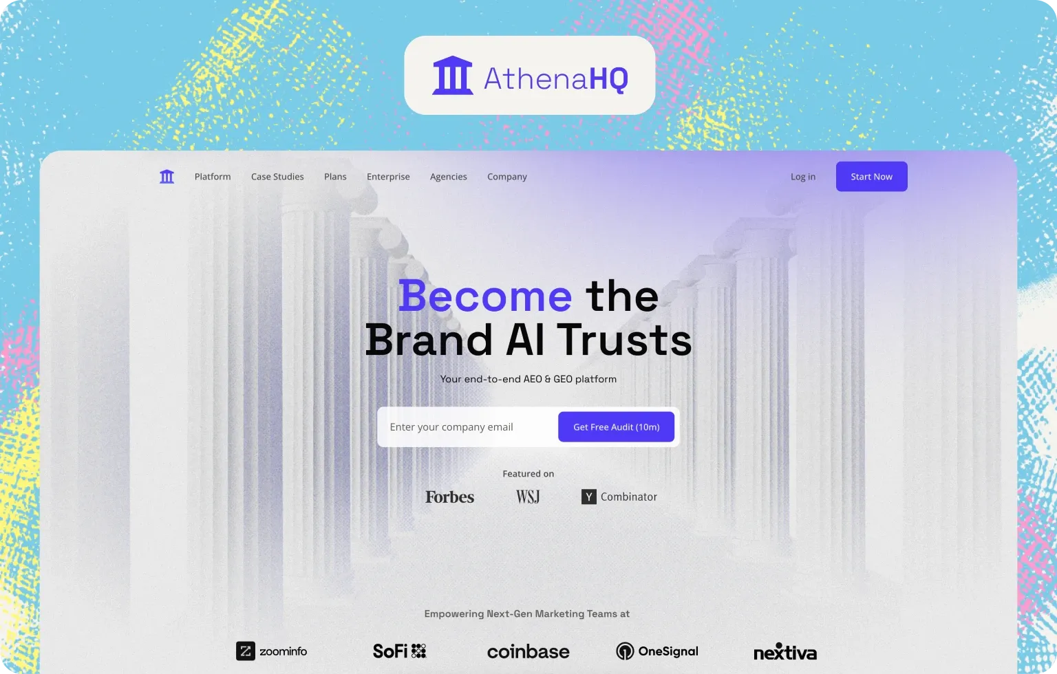AthenaHQ home page, “Become the Brand AI Trusts”, pitching an end-to-end AEO and GEO platform with a free audit form