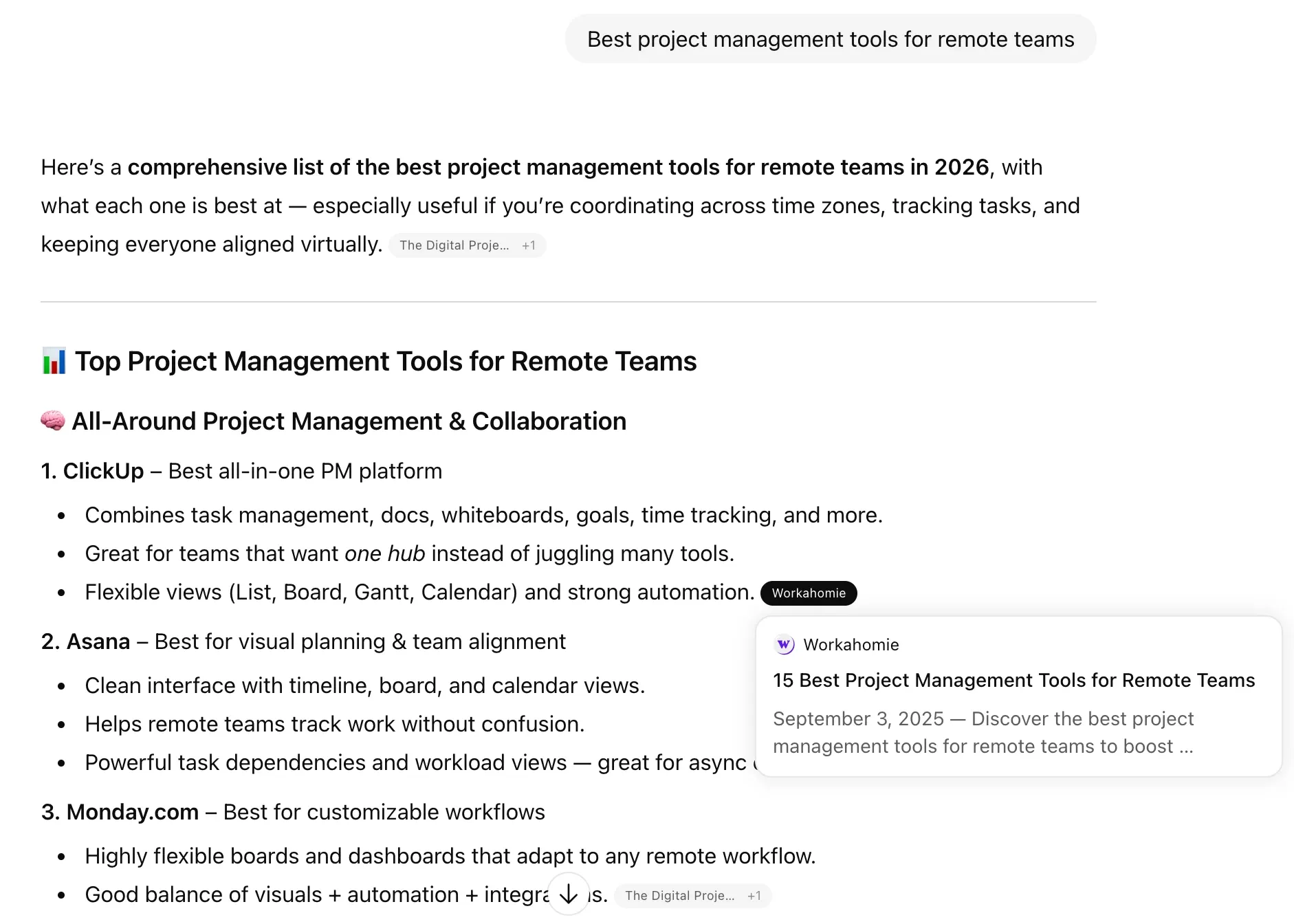 ChatGPT answer to “Best project management tools for remote teams” ranking ClickUp first, citing a Workahomie listicle, followed by Asana and Monday.com
