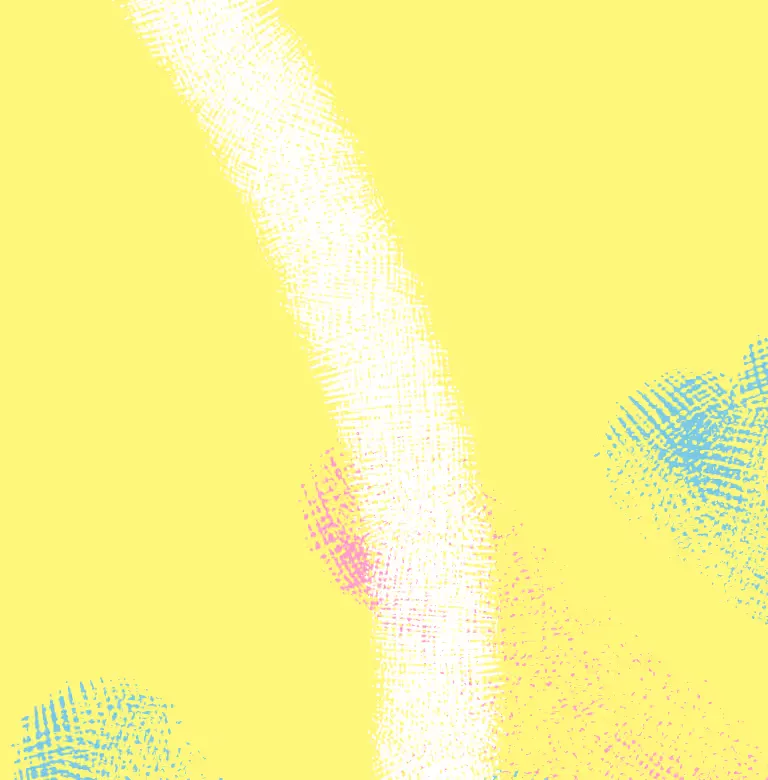Abstract yellow background with a thick white vertical brush stroke and textured pink and blue fingerprint-like patterns scattered around.