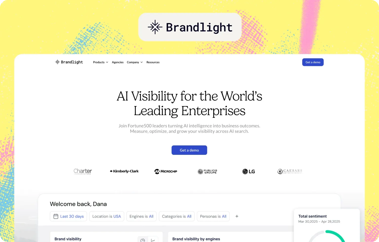 Brandlight homepage: “AI Visibility for the World’s Leading Enterprises”, above a dashboard of brand visibility by engine and total sentiment