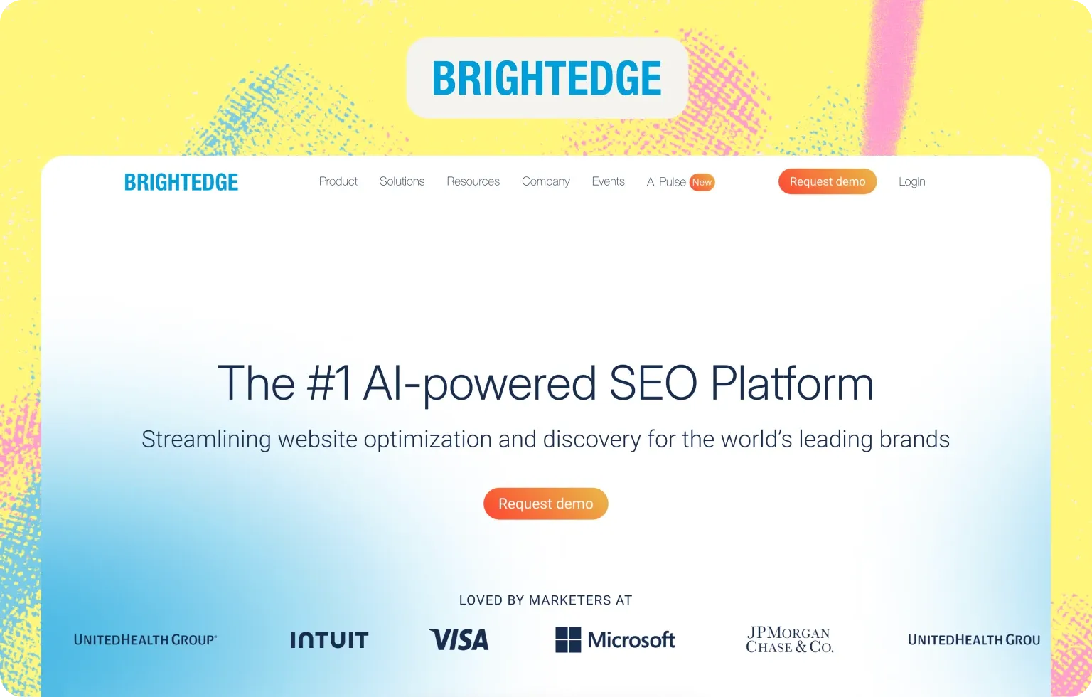 BrightEdge homepage presenting “The #1 AI-powered SEO Platform” with enterprise customer logos such as Microsoft, Visa and Intuit