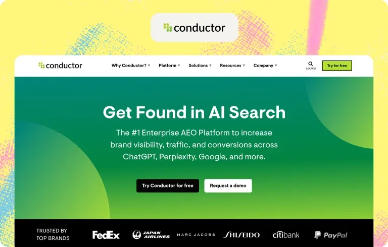 Conductor homepage, “Get Found in AI Search”, an enterprise AEO platform for ChatGPT, Perplexity and Google