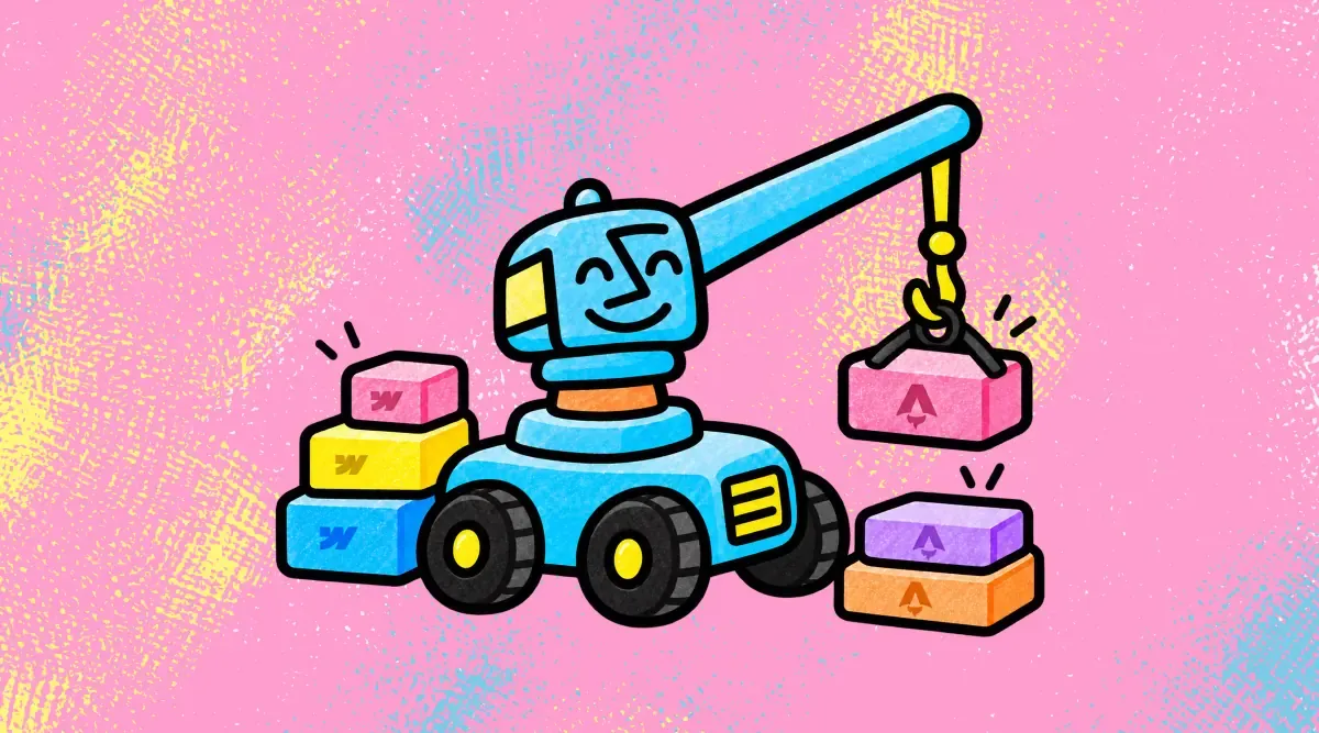 Illustration of a smiling blue crane lifting blocks marked with the Astro logo next to a stack of Webflow blocks, depicting the migration of useomnia.com from Webflow to Astro.