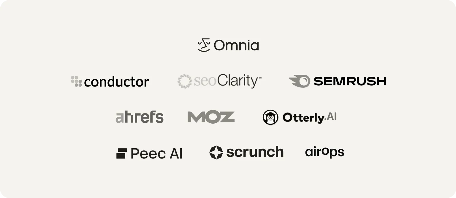 Logos of SEO and AI visibility tools: Omnia, Conductor, seoClarity, Semrush, Ahrefs, Moz, Otterly.AI, Peec AI, Scrunch and AirOps