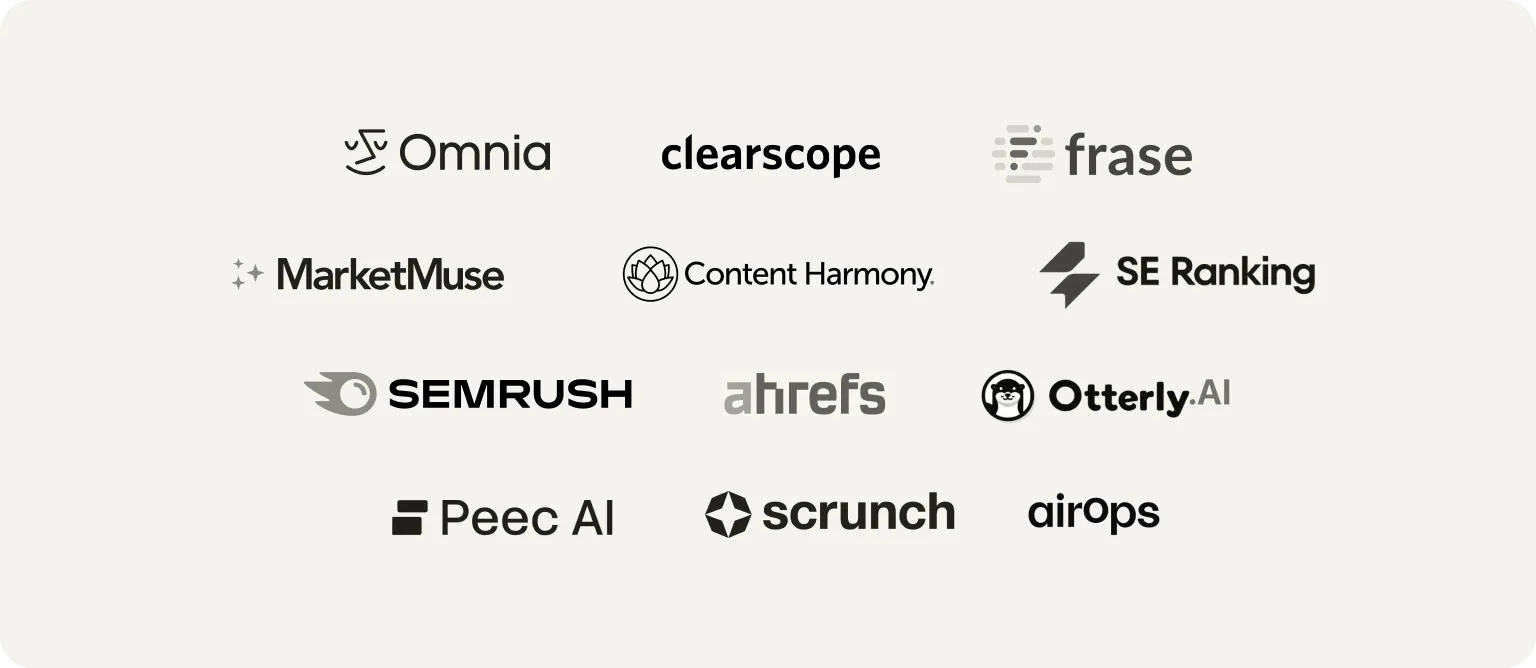 Logos of the 12 Surfer SEO alternatives: Omnia, Clearscope, Frase, MarketMuse, Content Harmony, SE Ranking, Semrush, Ahrefs, Otterly.AI, Peec AI, Scrunch and AirOps