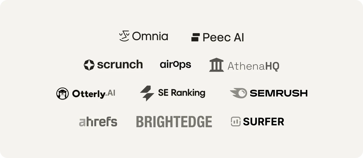 Logos of the 11 Rankscale AI alternatives: Omnia, Peec AI, Scrunch, AirOps, AthenaHQ, Otterly.AI, SE Ranking, Semrush, Ahrefs, BrightEdge and Surfer