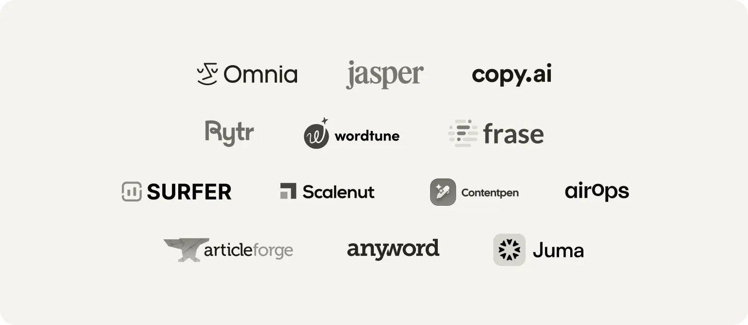 Logos of the Writesonic alternatives reviewed: Omnia, Jasper, Copy.ai, Rytr, Wordtune, Frase, Surfer, Scalenut, Contentpen, AirOps, Article Forge, Anyword and Juma