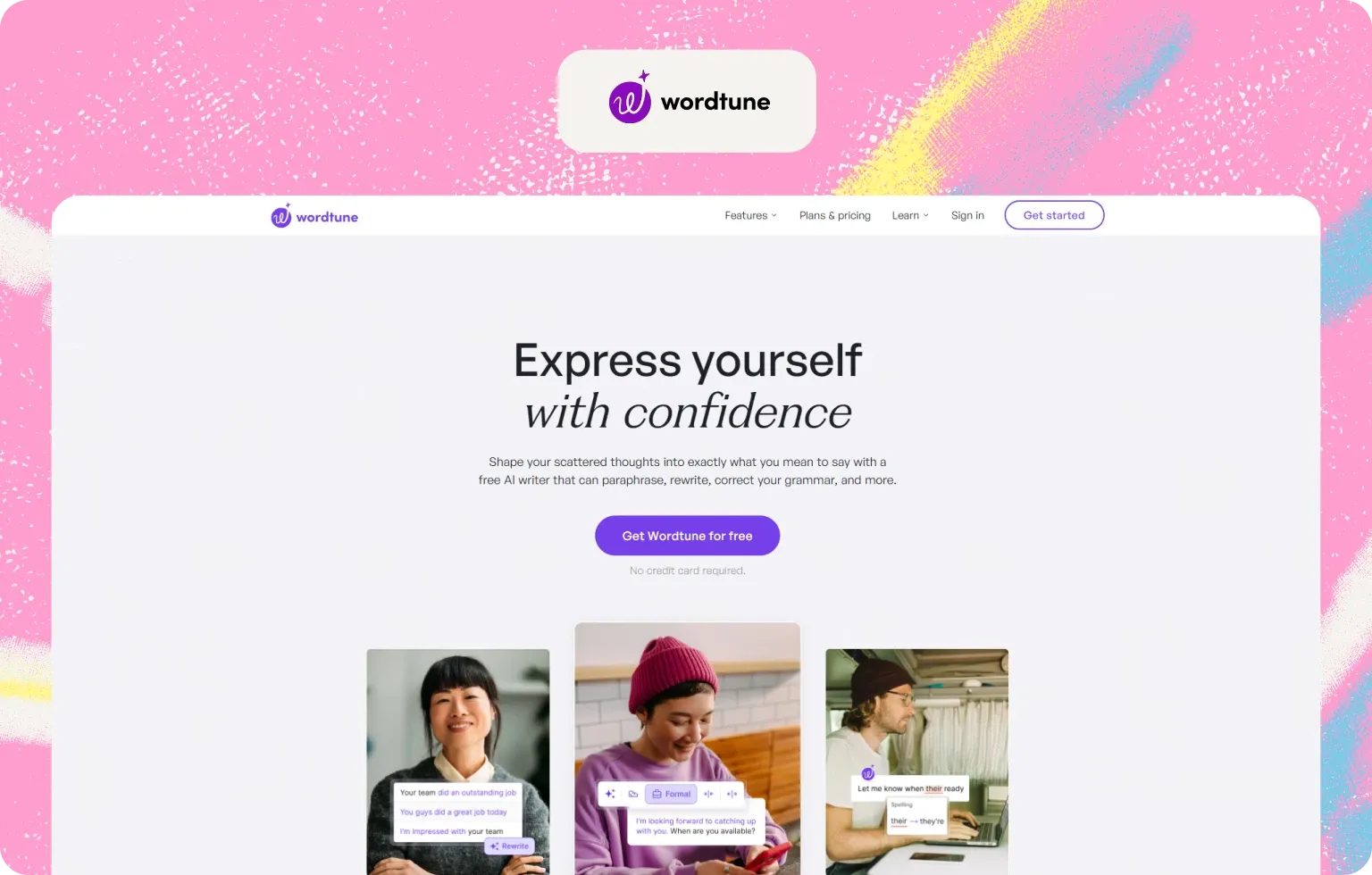 Wordtune homepage, “Express yourself with confidence”, showing rewrite and spelling suggestions