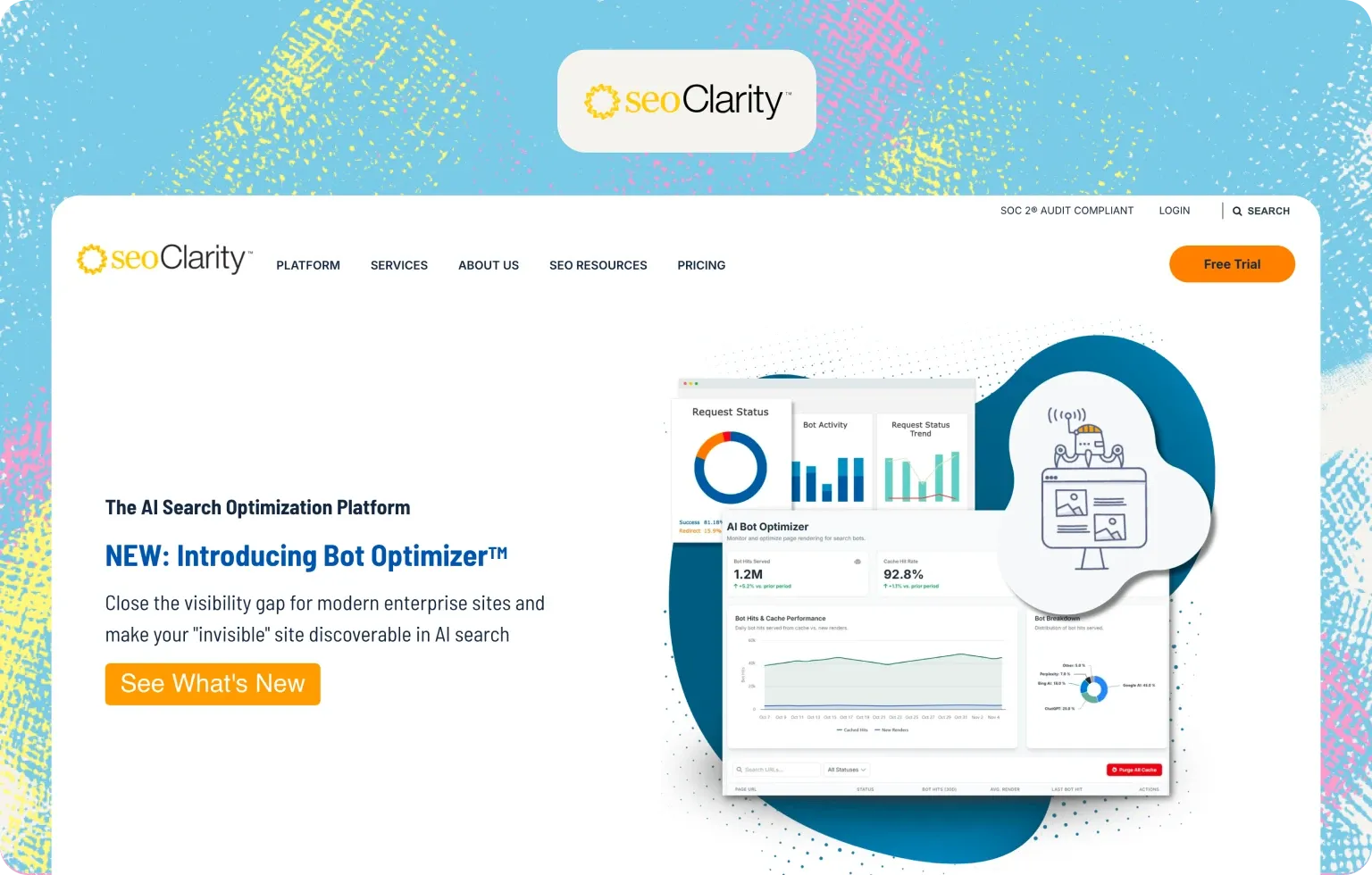 seoClarity home page, “The AI Search Optimization Platform”, introducing Bot Optimizer with bot activity and cache performance charts