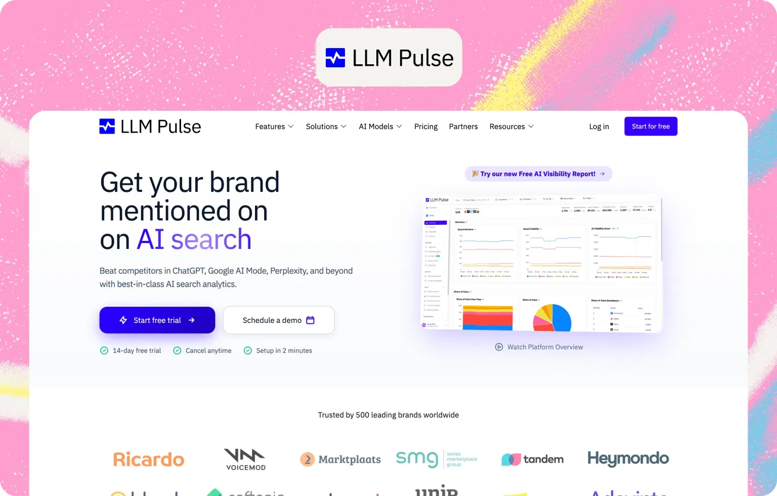 LLM Pulse homepage: “Get your brand mentioned on AI search”, with a 14-day free trial and a dashboard of mentions and share of voice