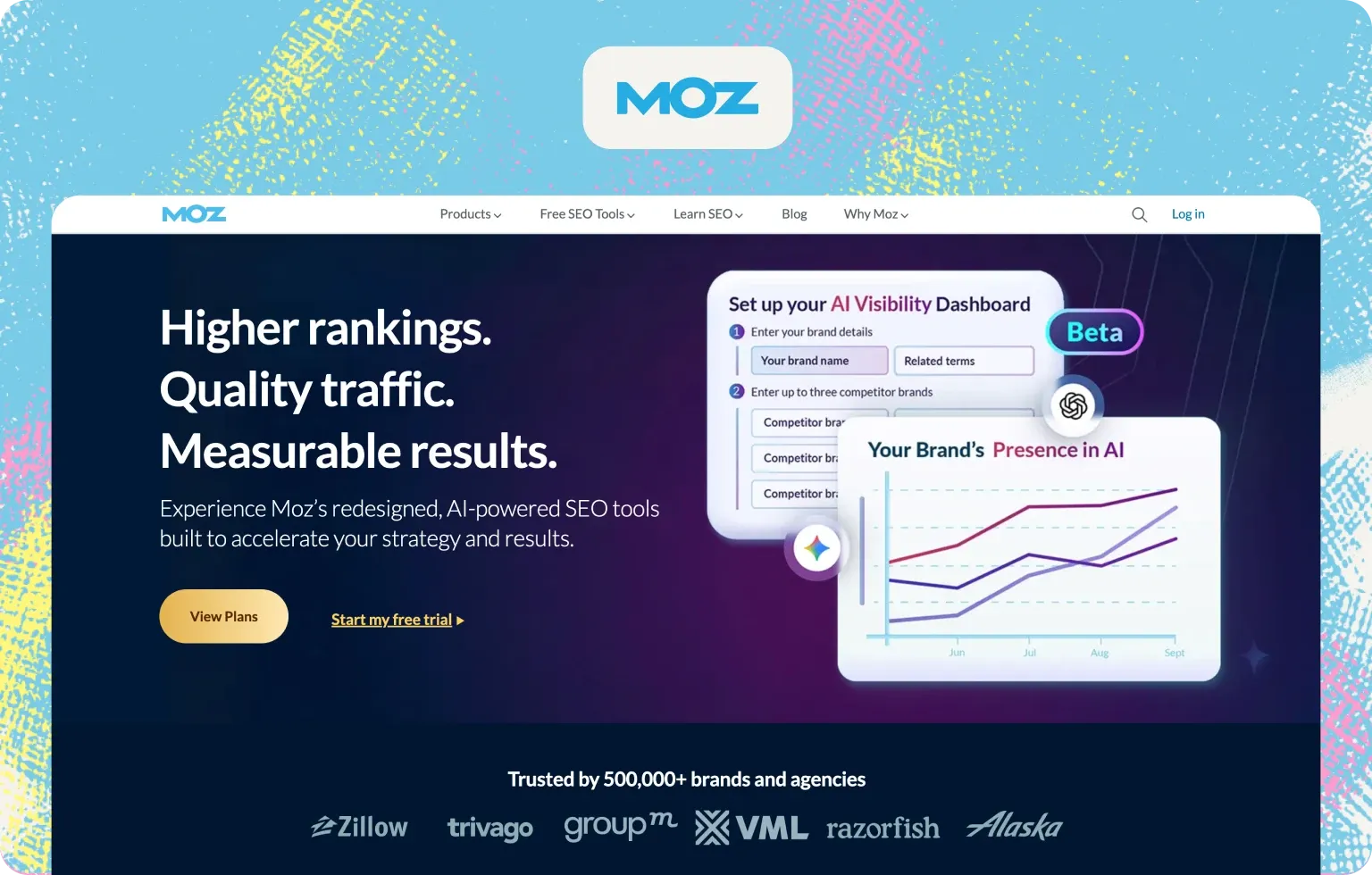 Moz homepage with a preview of its beta AI Visibility Dashboard charting a brand's presence in AI
