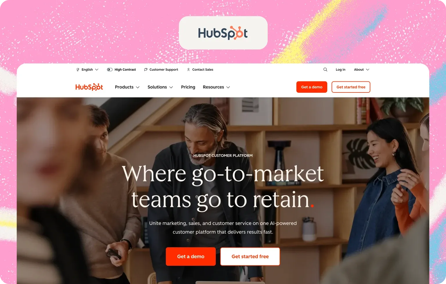 HubSpot homepage presenting its AI-powered customer platform for marketing, sales and customer service