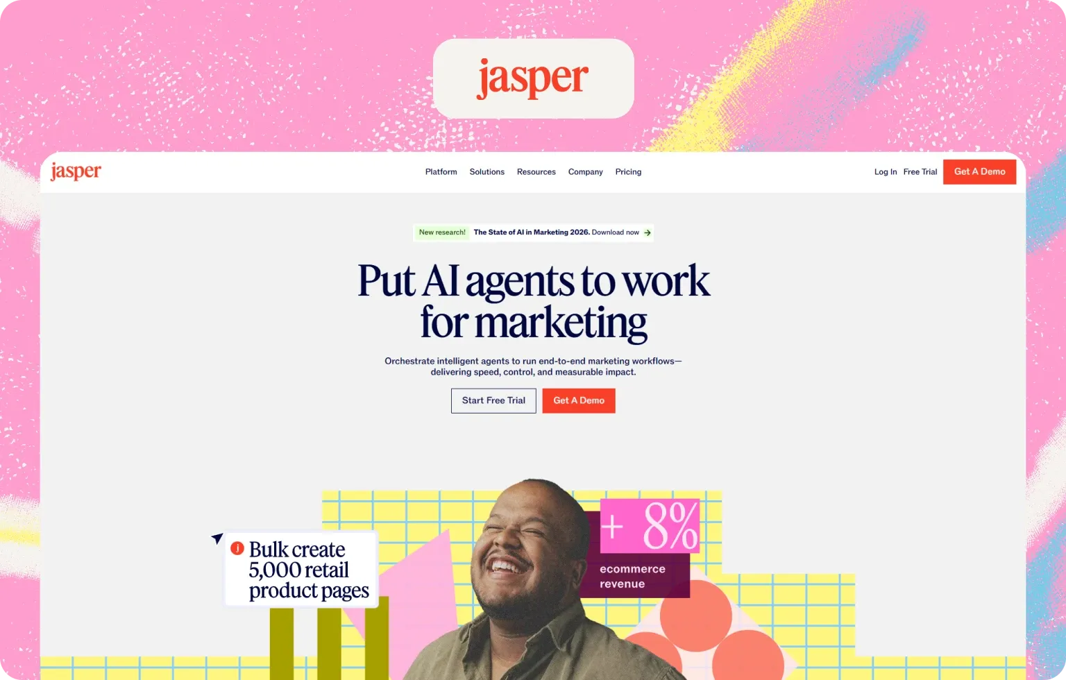 Jasper homepage with the headline “Put AI agents to work for marketing”