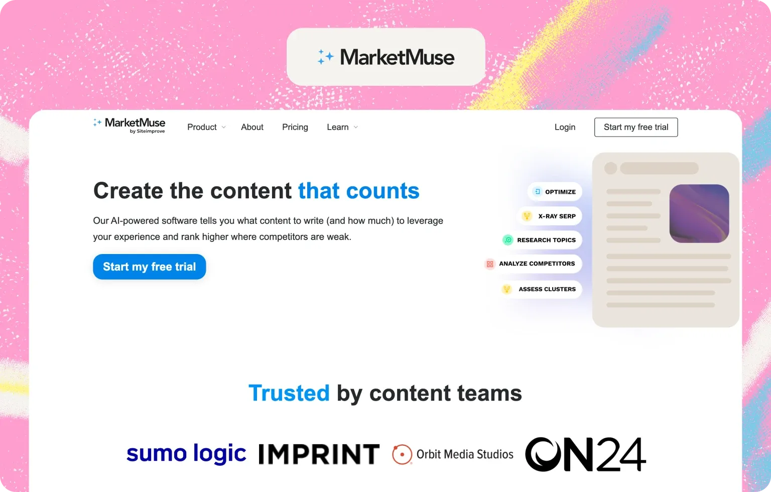 MarketMuse homepage, “Create the content that counts”, listing features such as Optimize, X-Ray SERP, Research Topics and Assess Clusters