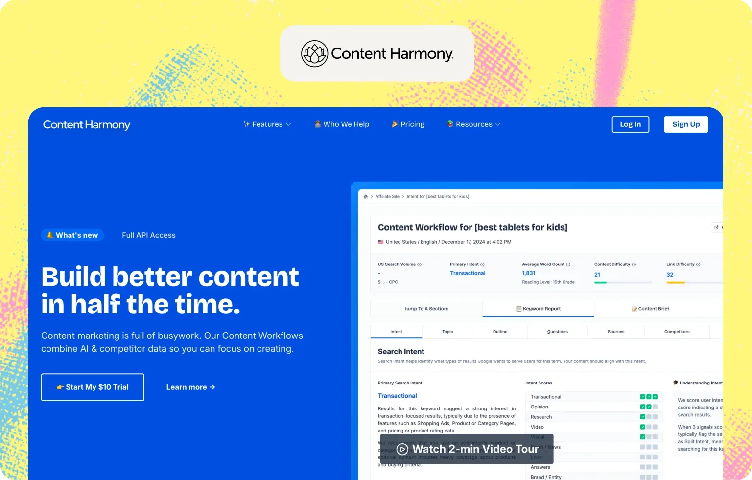 Content Harmony homepage, “Build better content in half the time”, beside a content workflow scoring the search intent of a keyword