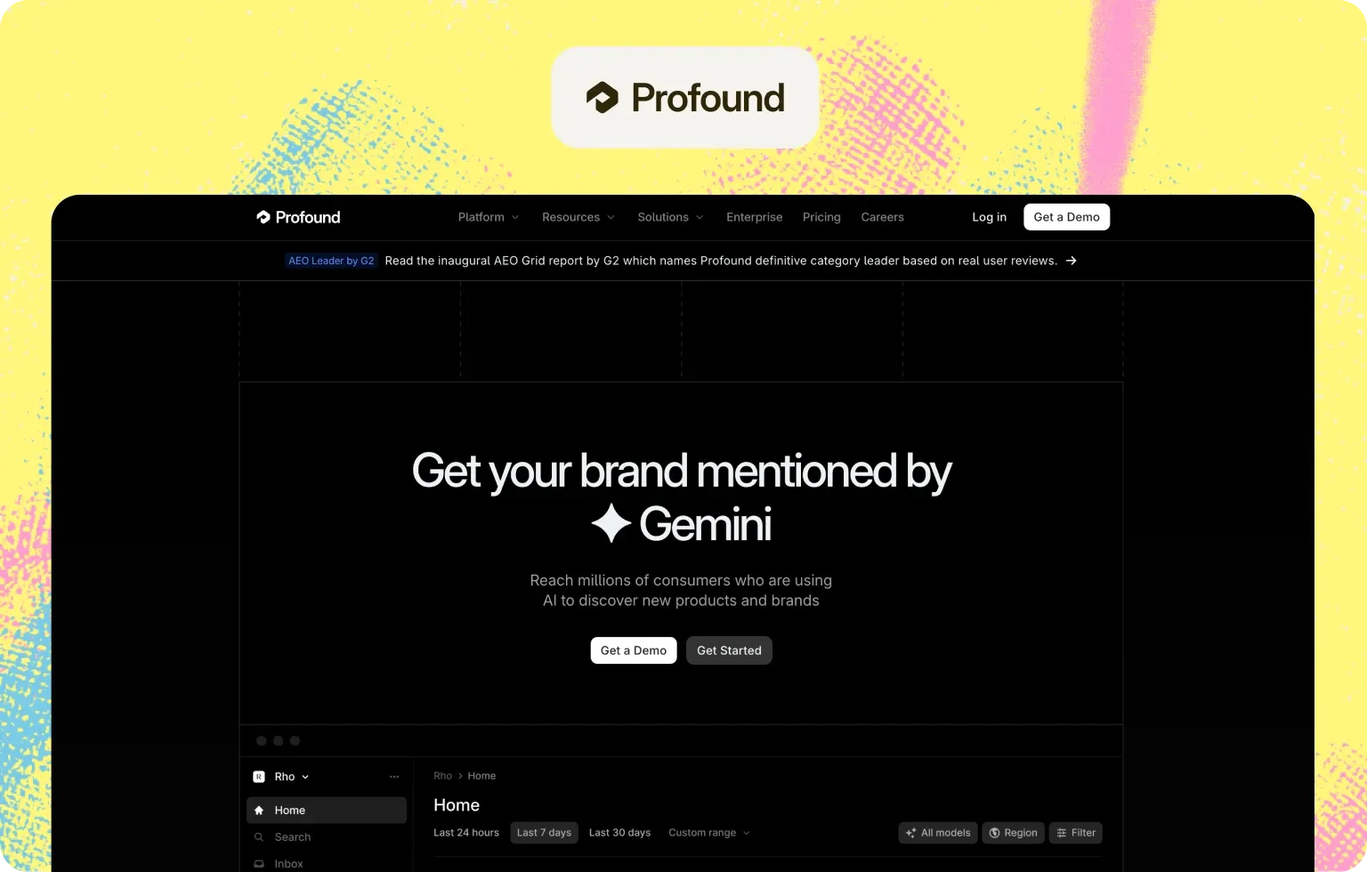 Profound home page, “Get your brand mentioned by Gemini”, above a preview of its dashboard with model and region filters