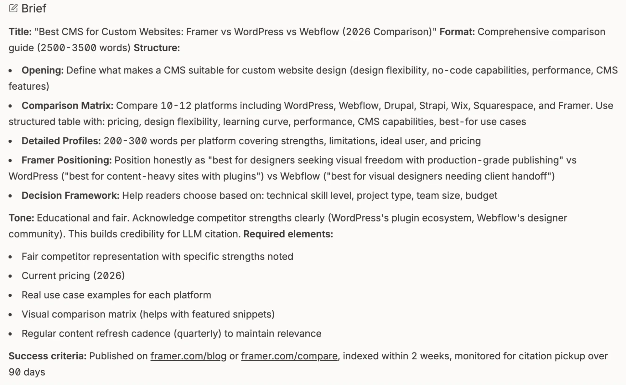 Omnia Insights content brief for Framer: a CMS comparison guide with title, format, structure, tone, required elements and success criteria