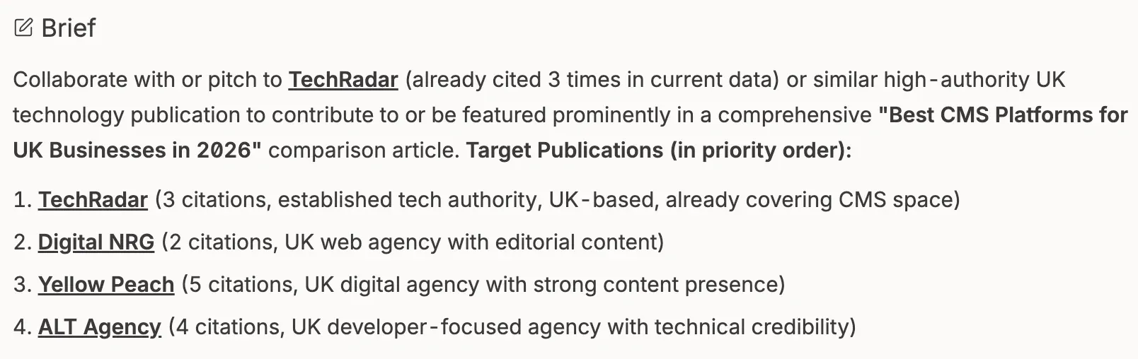 Omnia brief recommending outreach to UK publications already cited in AI answers, led by TechRadar, Digital NRG, Yellow Peach and ALT Agency, with citation counts