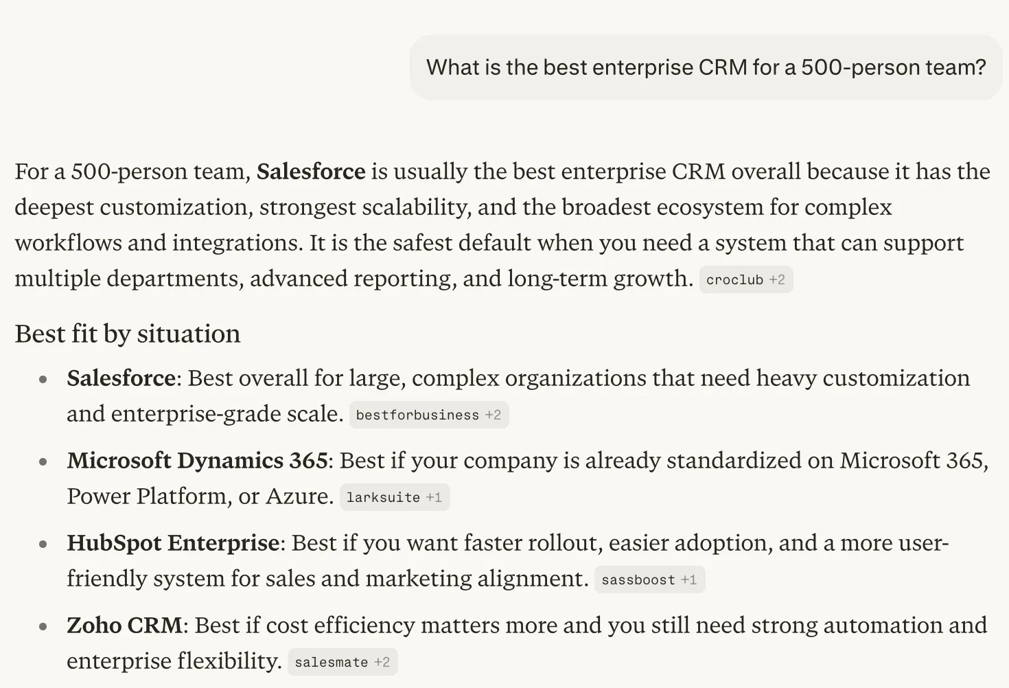 Perplexity answer to the same enterprise CRM prompt recommending Salesforce, Microsoft Dynamics 365, HubSpot Enterprise and Zoho CRM, with cited sources