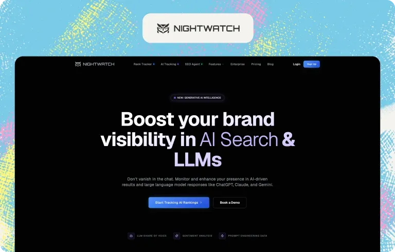 Nightwatch homepage for brand visibility in AI search and LLMs, highlighting LLM share of voice, sentiment analysis and prompt data