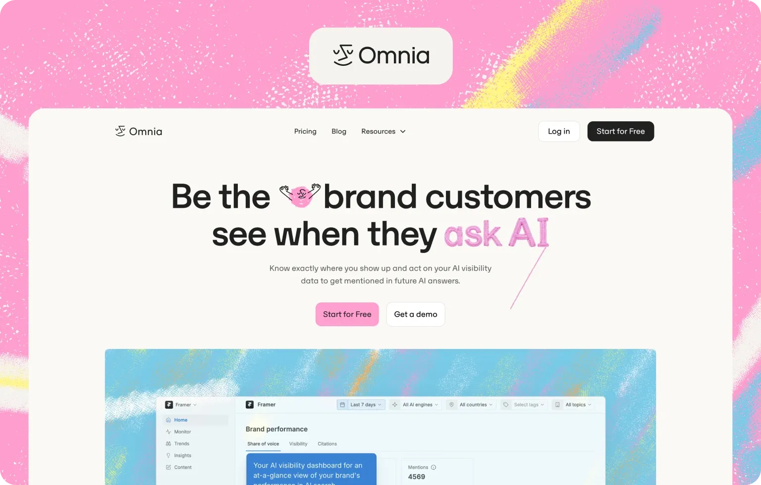 Omnia homepage, “Be the brand customers see when they ask AI”, above its AI visibility dashboard with share of voice and mentions