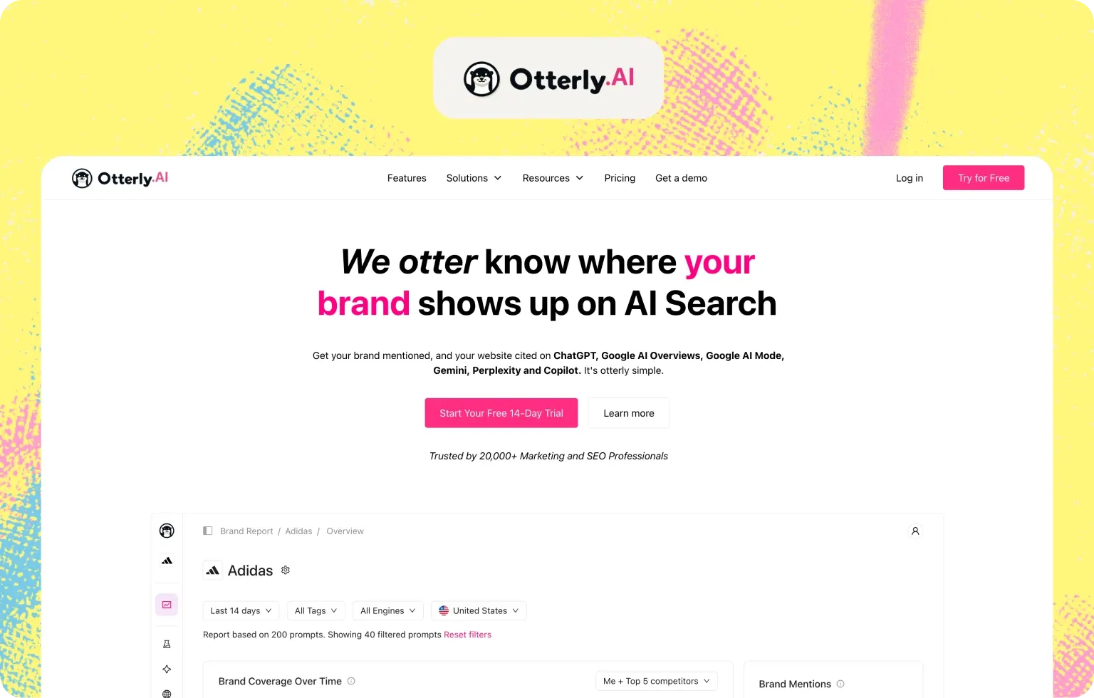 Otterly.AI home page, “We otter know where your brand shows up on AI Search”, above a brand report for Adidas