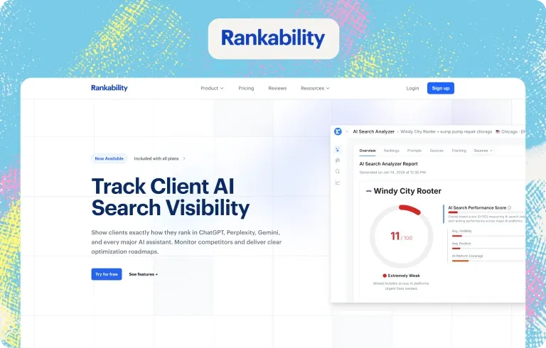 Rankability homepage, “Track Client AI Search Visibility”, with an AI Search Analyzer report scoring a local business 11/100