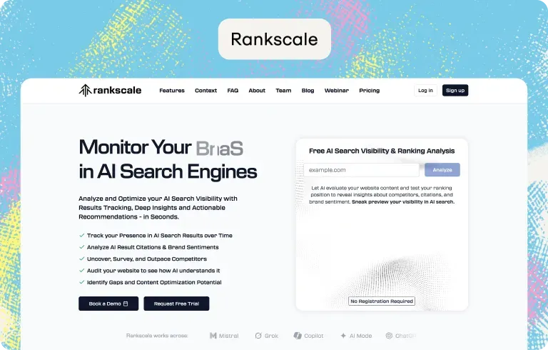Rankscale homepage for monitoring a brand in AI search engines, with a free AI search visibility and ranking analysis form