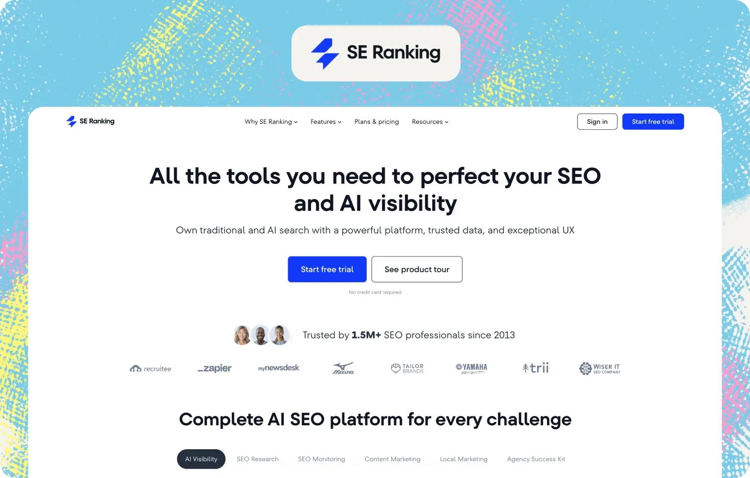SE Ranking home page, “All the tools you need to perfect your SEO and AI visibility”, trusted by 1.5M+ SEO professionals