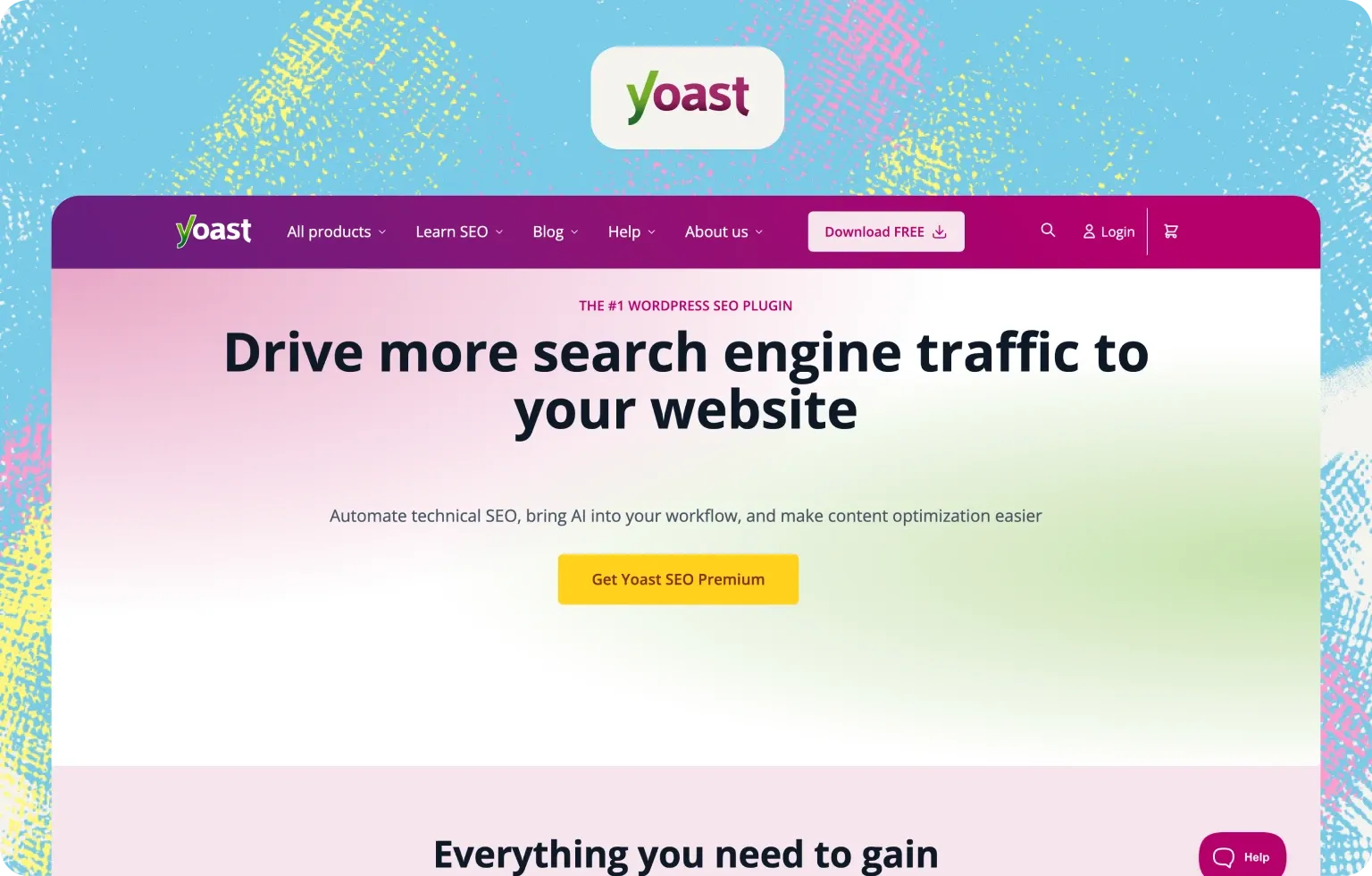Yoast homepage for its WordPress SEO plugin, promoting Yoast SEO Premium to drive more search engine traffic