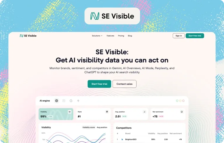 SE Visible homepage with a dashboard of a brand’s AI visibility, rank, average position and net sentiment across AI engines