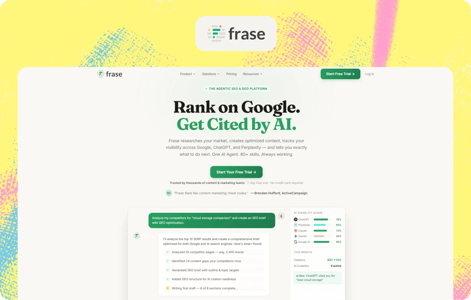 Frase homepage, “Rank on Google. Get Cited by AI.”, with its AI agent chat and AI visibility scores per engine