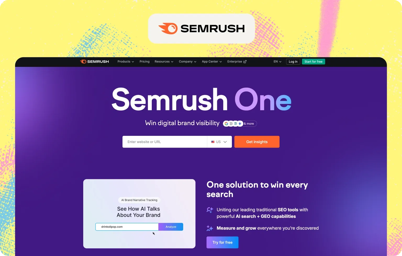 Semrush One home page, “Win digital brand visibility”, combining traditional SEO tools with AI search and GEO capabilities