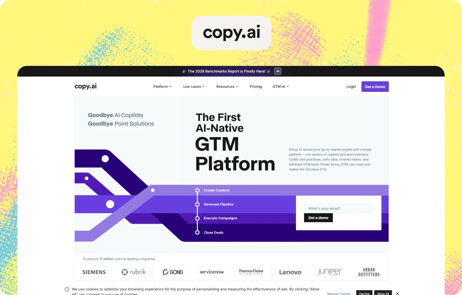 Copy.ai homepage presenting “The First AI-Native GTM Platform”
