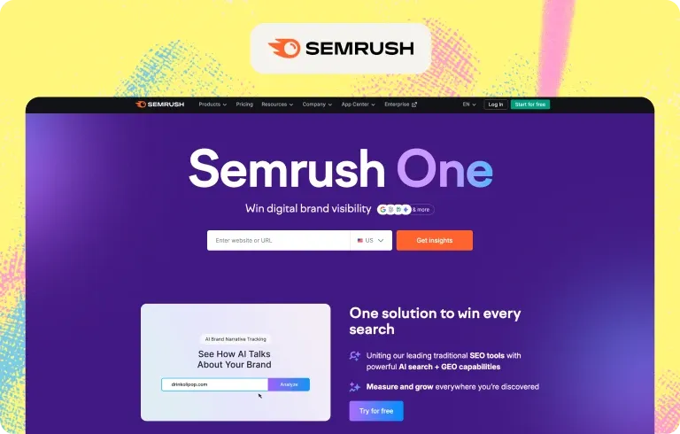 Semrush One homepage combining traditional SEO tools with AI search and GEO capabilities, including AI brand narrative tracking