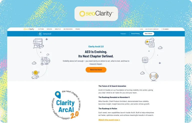 seoClarity Clarity ArcAI 2.0 page announcing AEO features that turn AI visibility into action tasks for enterprise teams