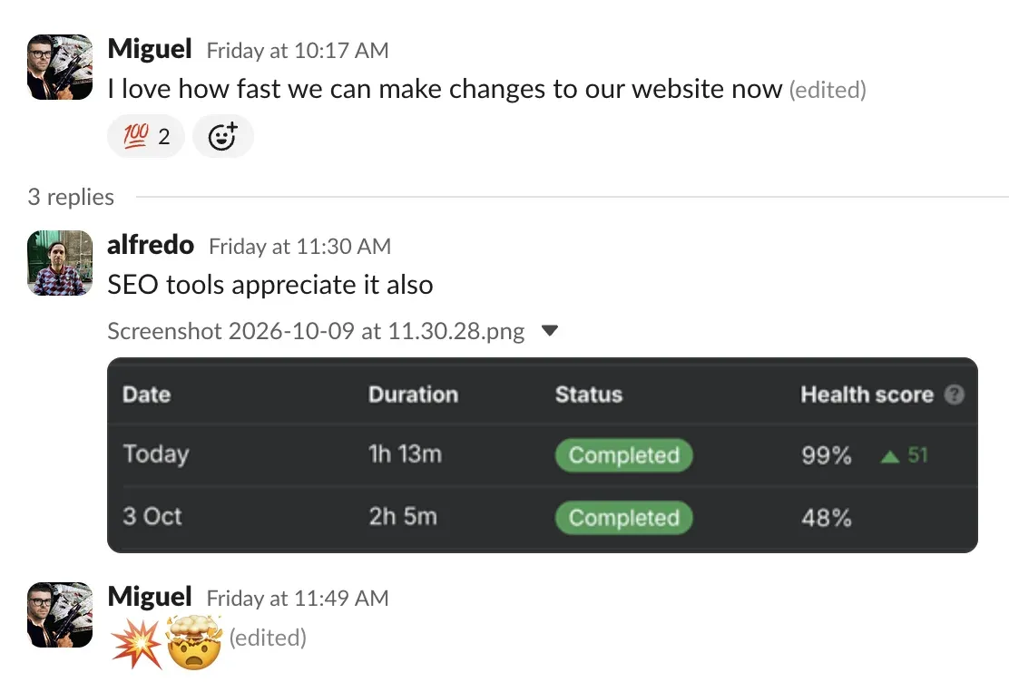 Slack thread in the Omnia team: Miguel says he loves how fast we can make changes to the website now, and Alfredo replies that SEO tools appreciate it too, with an Ahrefs Site Audit showing the health score at 99%, up 51 points from 48% on 3 October.