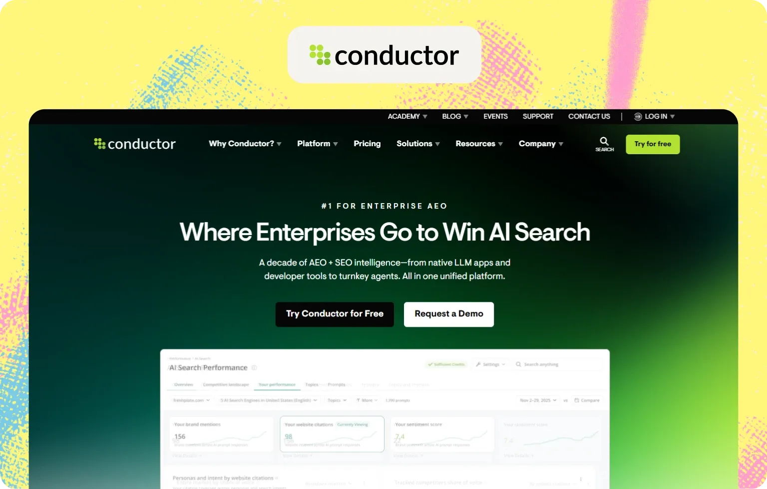 Conductor homepage, “Where Enterprises Go to Win AI Search”, with a preview of its AI Search Performance dashboard