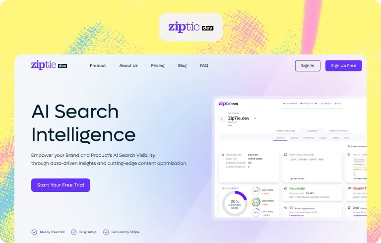 ZipTie.dev homepage for AI search intelligence, with a dashboard of mentions, sentiment, citations and an AI success score